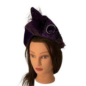 Purple Velvet Feathered Women's Vintage Hat Netting and Faux Pearl